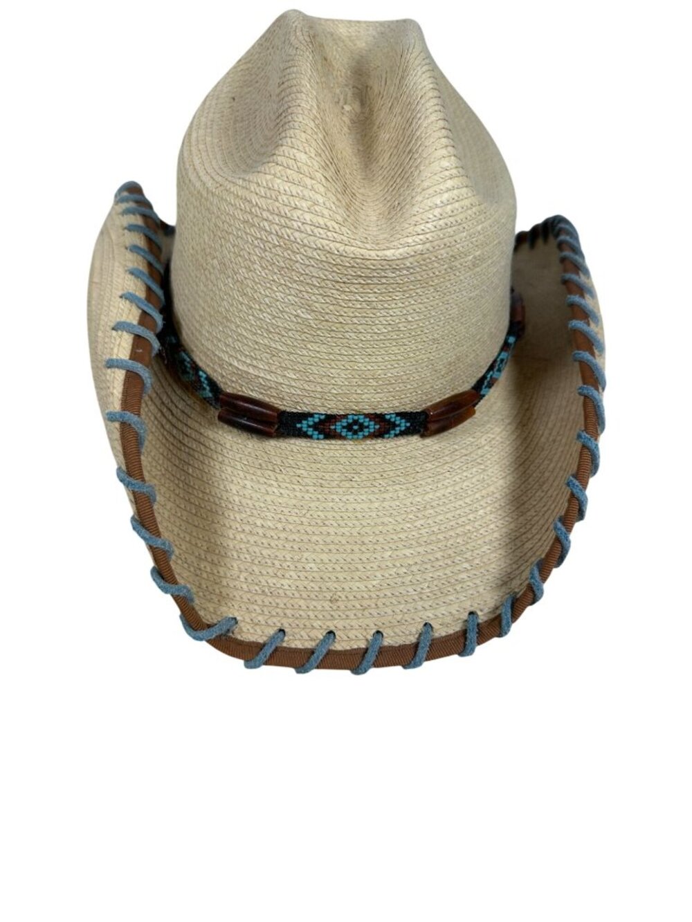 SunBody Handmade Palm Leaf Cowboy Hat Beaded Band Contract Stitching Mens